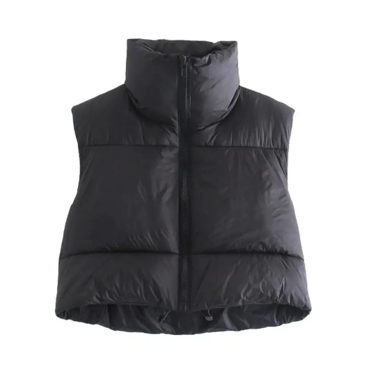 Trendy women's cropped puffer vest, a stylish sleeveless outerwear piece with a stand collar.