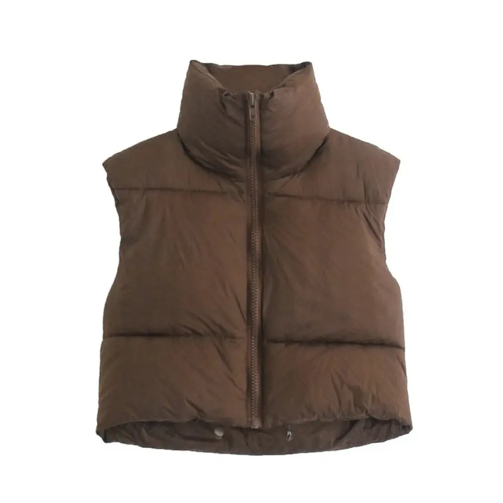 Women's sleek cropped puffer vest with stand collar, ideal for layering and fall fashion.