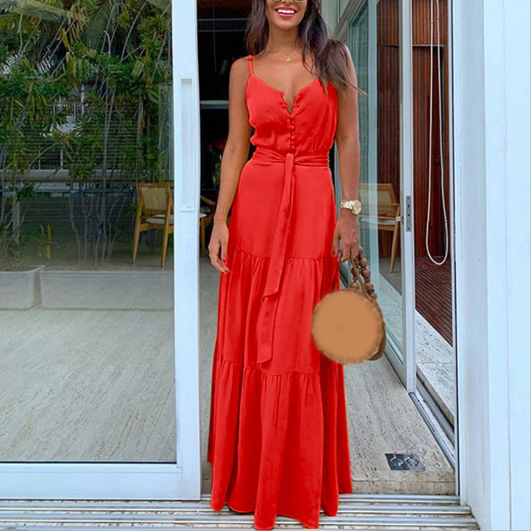 Women's red tiered maxi dress with button front and tie straps, perfect for summer casual or beachwear.