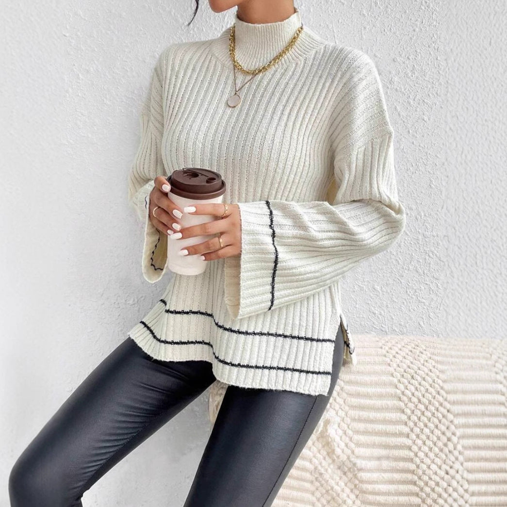 Cozy women's autumn/winter jumper. Stylish pullover sweater with comfy flared sleeves & stripe detail.