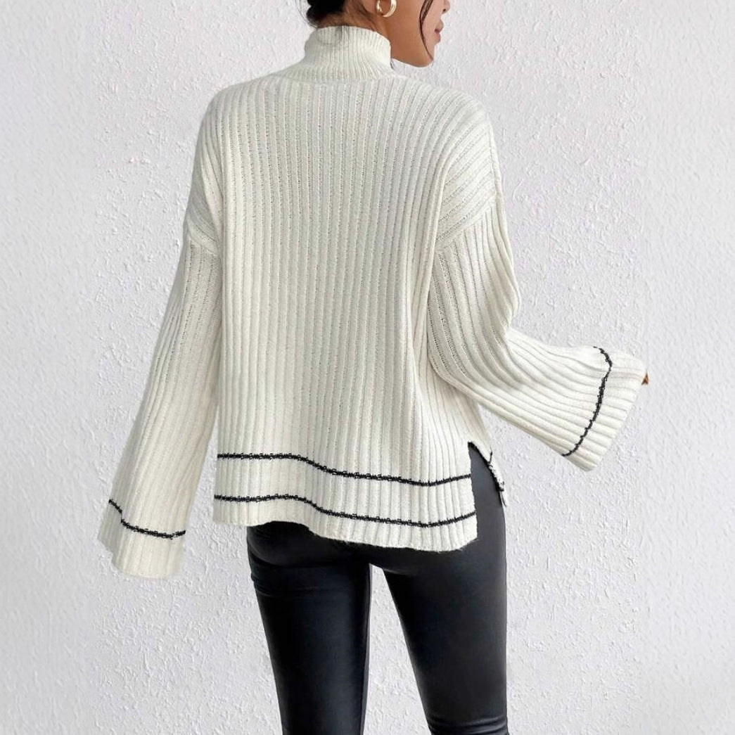 Women's winter fashion top: stylish striped jumper, mock neck & elegant flared sleeves. Versatile.