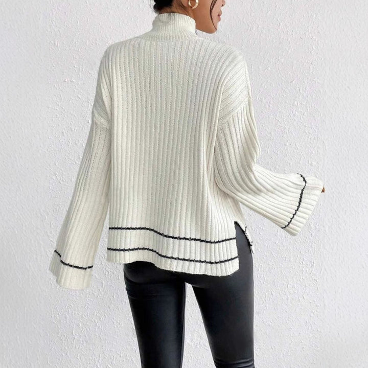 Women's winter fashion top: stylish striped jumper, mock neck & elegant flared sleeves. Versatile.