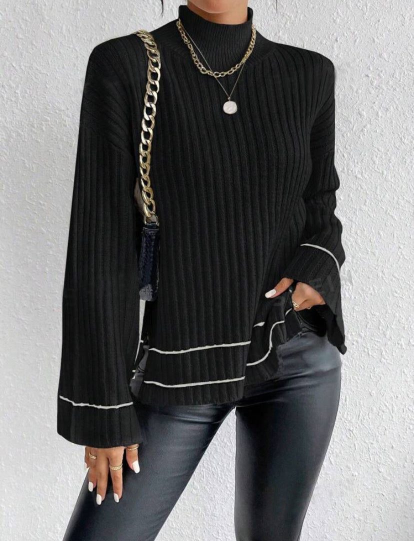 Stylish women's mock neck jumper with bold contrast stripe & elegant flared sleeves. Ideal for autumn.
