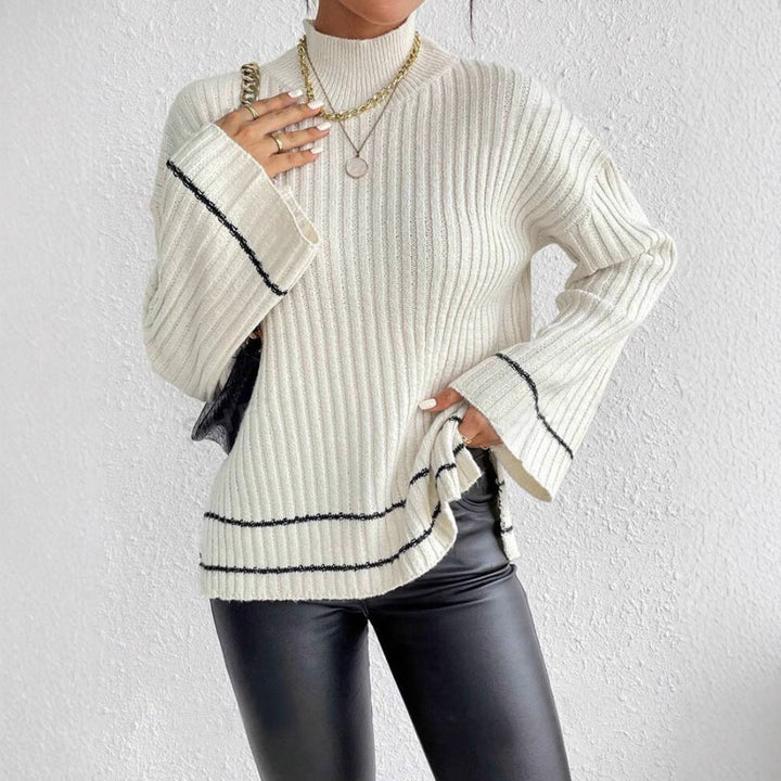 Women's stylish striped jumper with flared sleeves & mock neck. Cozy autumn/winter pullover sweater.