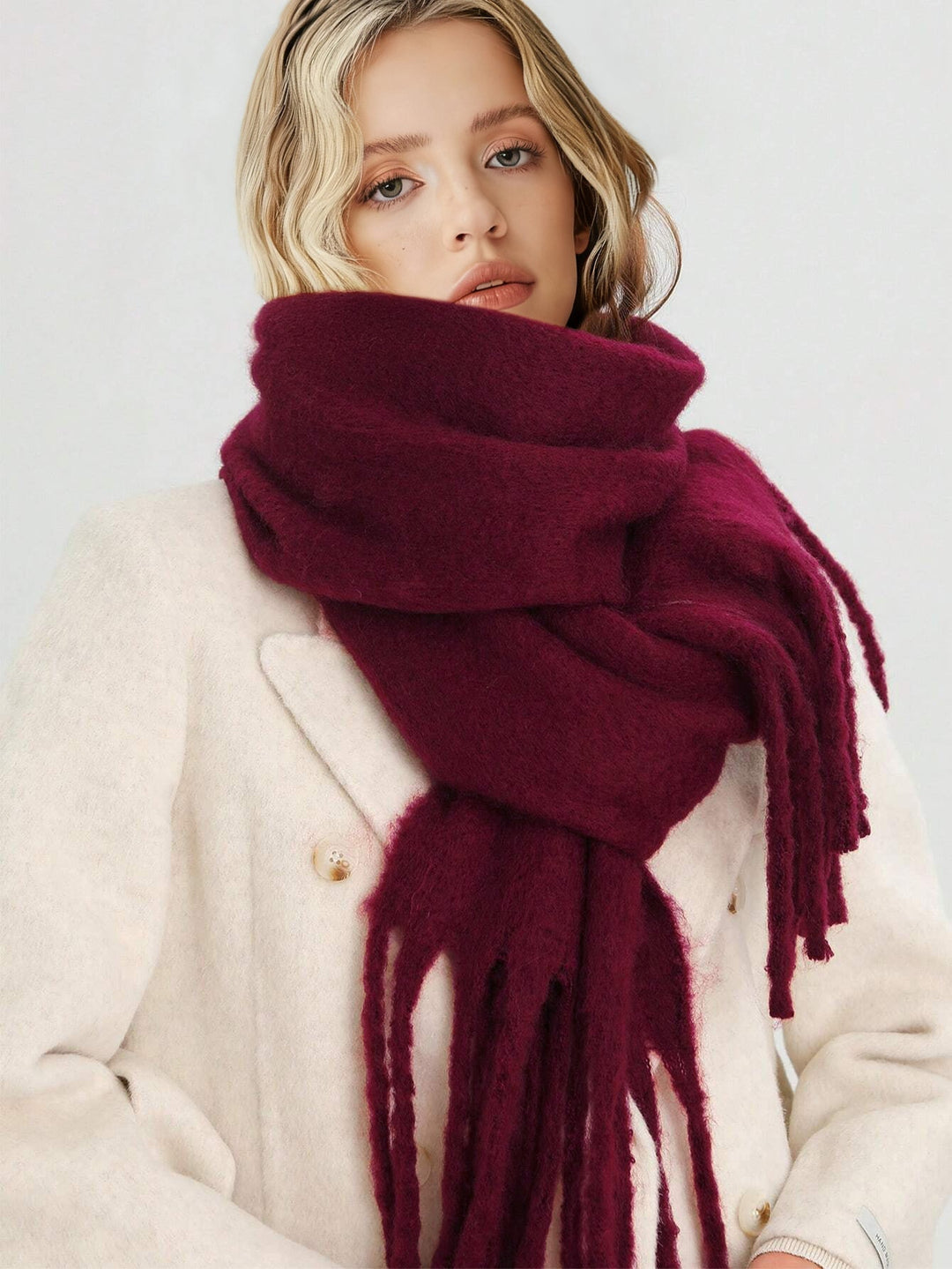Burgundy oversized women's tassel scarf, perfect for winter warmth & cozy style.