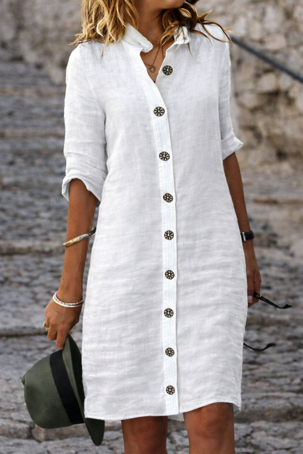 Women's versatile button-front shirt dress with half sleeves, perfect for casual summer wear or day outings.