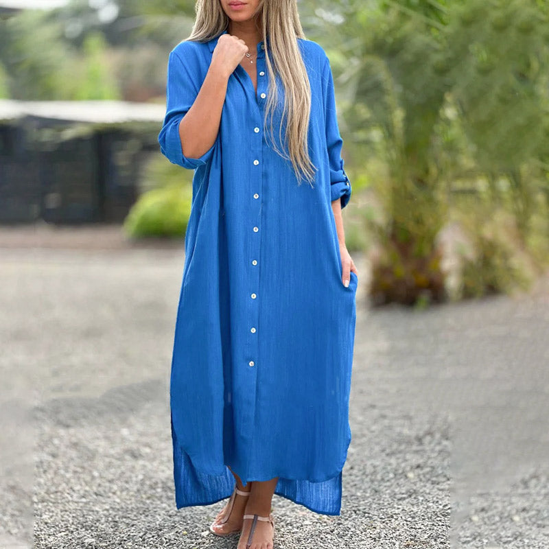 Chic women's flowy maxi shirt dress with long sleeves. Ideal relaxed fit for spring fashion & summer comfort.