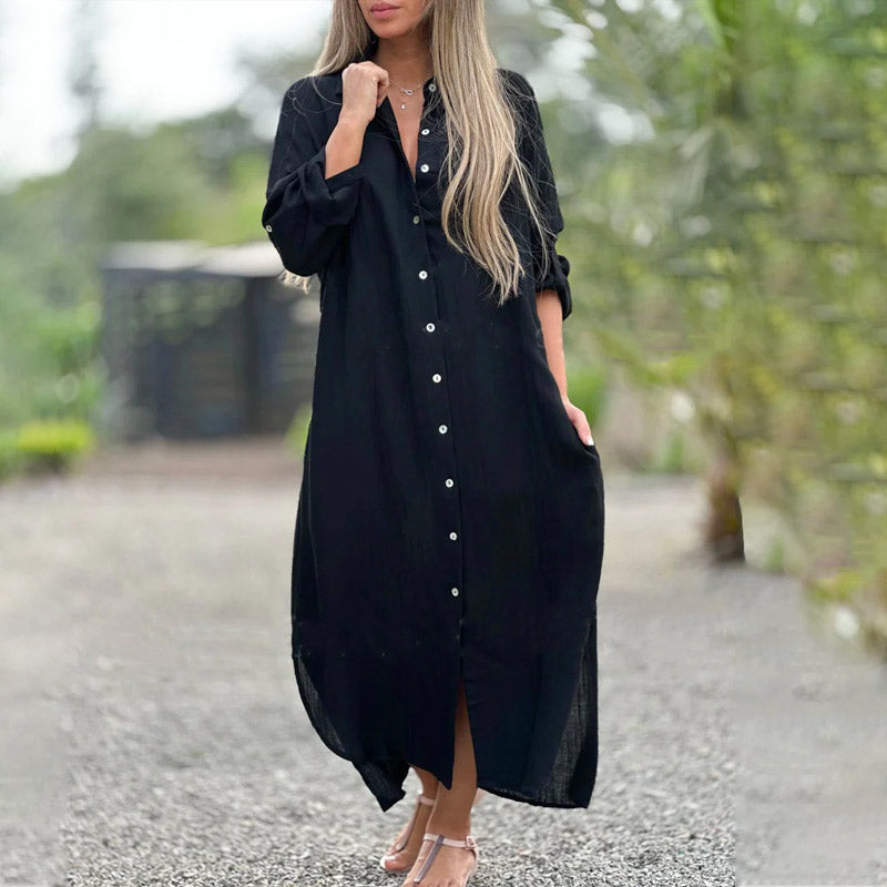 Comfortable women's relaxed fit long sleeve maxi shirt dress. A versatile casual dress for any season.