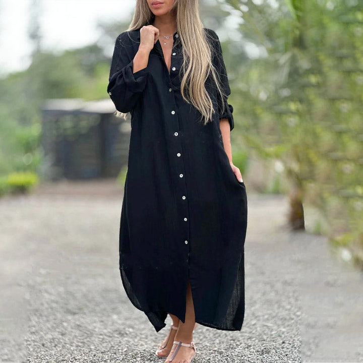 Comfortable women's relaxed fit long sleeve maxi shirt dress. A versatile casual dress for any season.