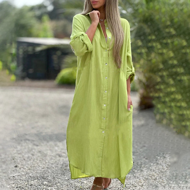 Elegant long sleeve maxi shirt dress for women. Relaxed fit design offers a comfortable and flowy silhouette.