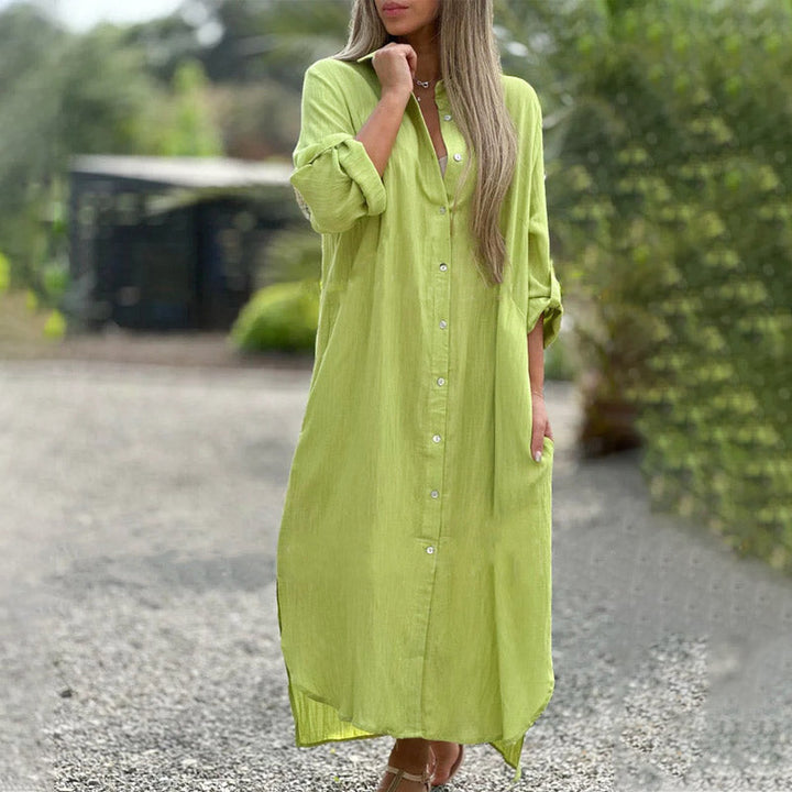 Elegant long sleeve maxi shirt dress for women. Relaxed fit design offers a comfortable and flowy silhouette.