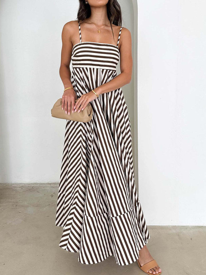 Elegant women's sleeveless striped maxi sundress, a perfect flowing sun dress for summer fashion & beach holidays.