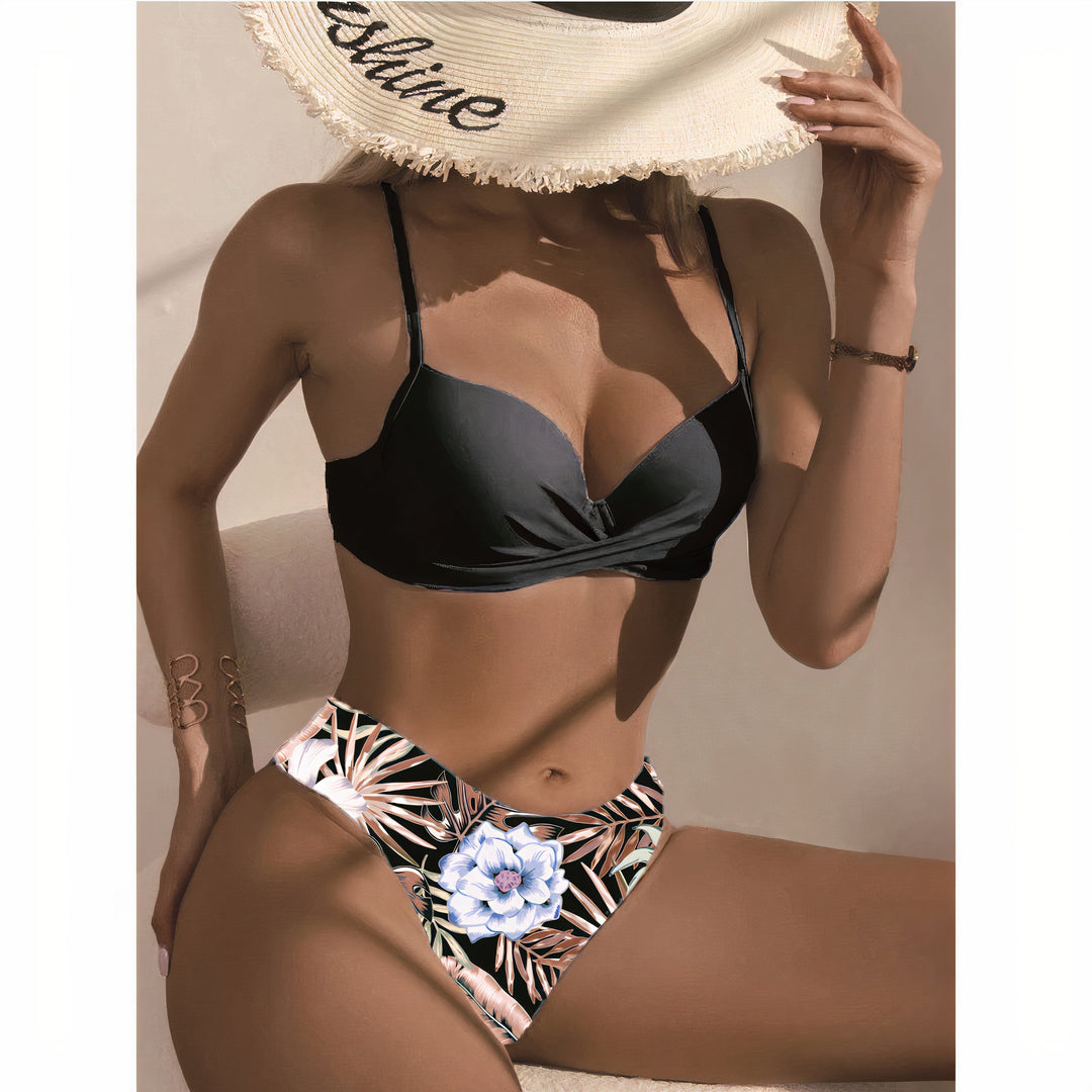 Vibrant high-waisted bikini set, women's flattering two-piece swimwear for stylish summer vacation.