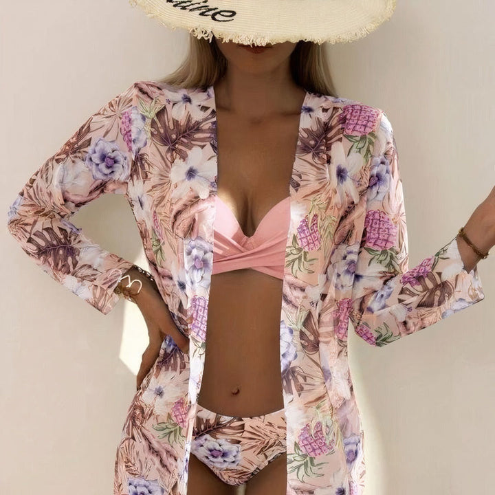 Woman in a flattering high-waisted bikini set, perfect stylish swimwear for a summer beach vacation.