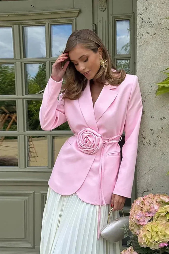 Feminine women's tailored jacket with a beautiful rosette detail and flattering tie belt. Elegant wrap front blazer.
