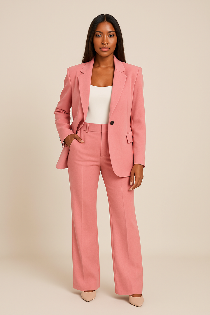 Elegant women's co-ord suit set with a tailored blazer & trousers, ideal formal wear for sophisticated fashion.