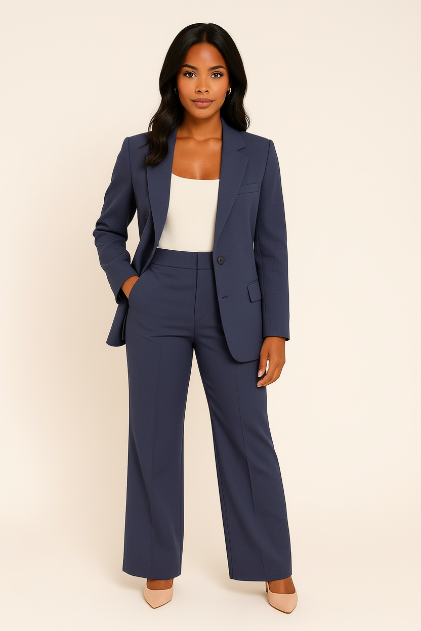Classic tailored women's trouser suit. This two-piece blazer set offers a sharp, professional outfit.