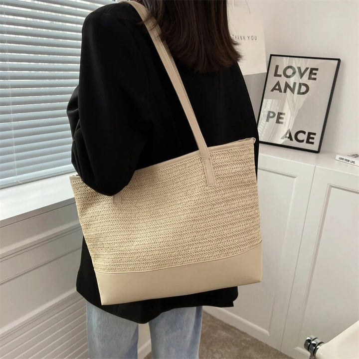 Casual beige woven shoulder tote bag for women, a spacious everyday handbag.