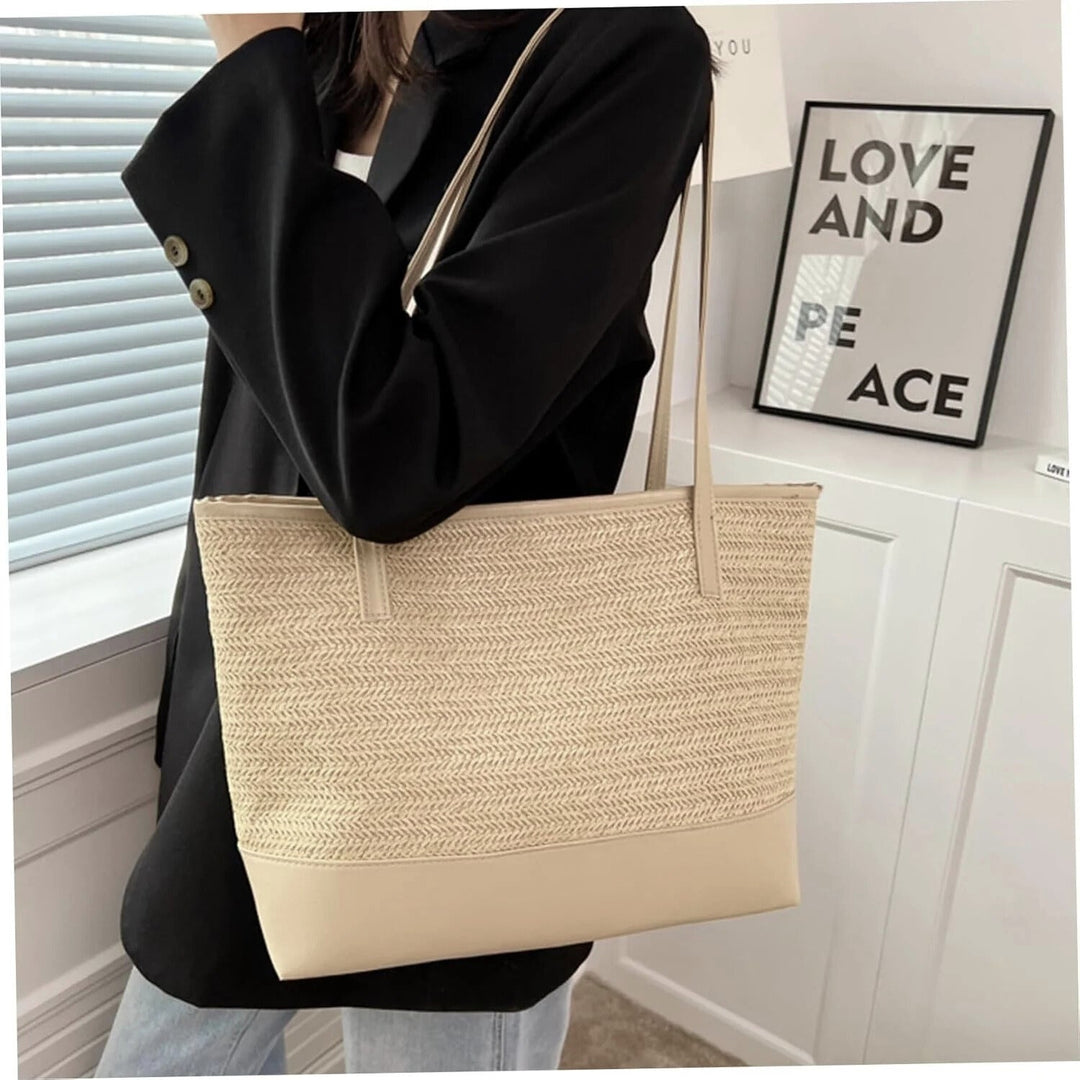 Stylish women's beige woven large tote bag, a versatile casual shoulder handbag.