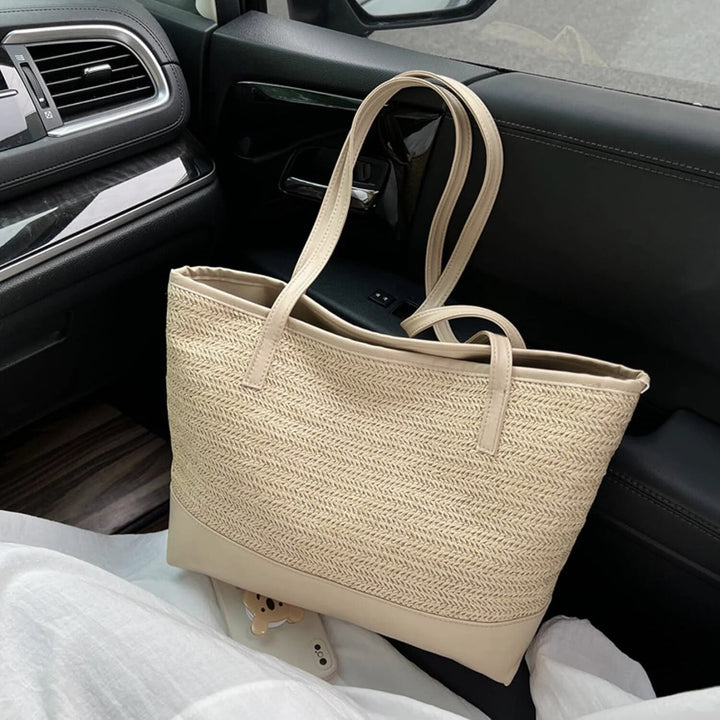 Everyday women's large woven tote bag in beige, a casual and spacious shoulder bag.