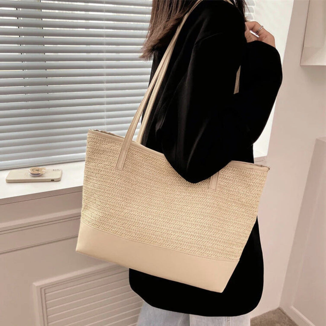 Textured beige woven large tote bag, a chic women's casual shoulder handbag.