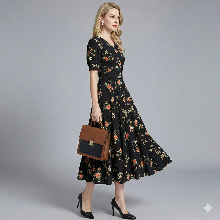 Black floral V-neck midi dress for women, stylish and elegant party attire, ideal as a wedding guest or evening dress.
