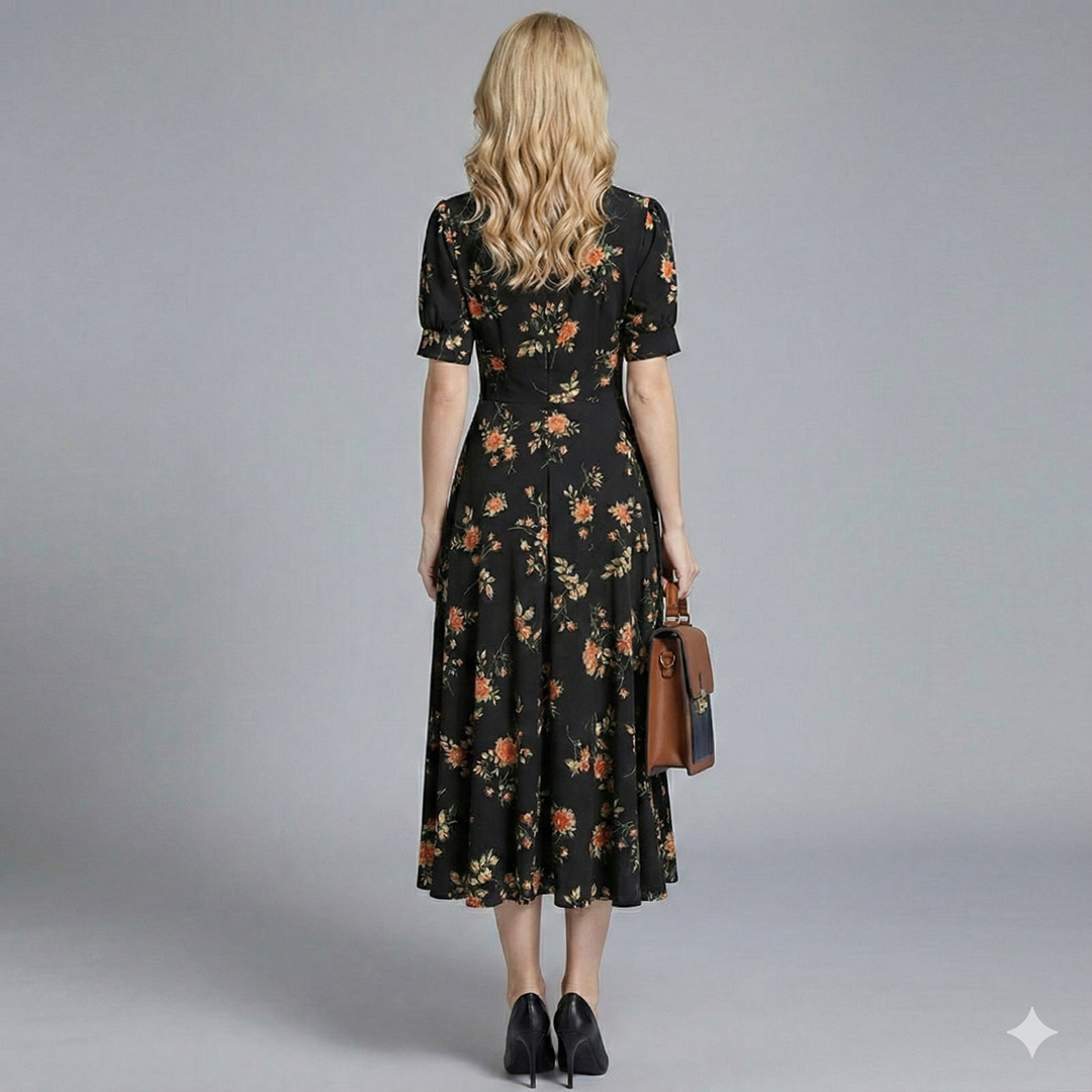 Women's elegant V-neck floral midi wedding guest dress in black, perfect for summer parties & special events.