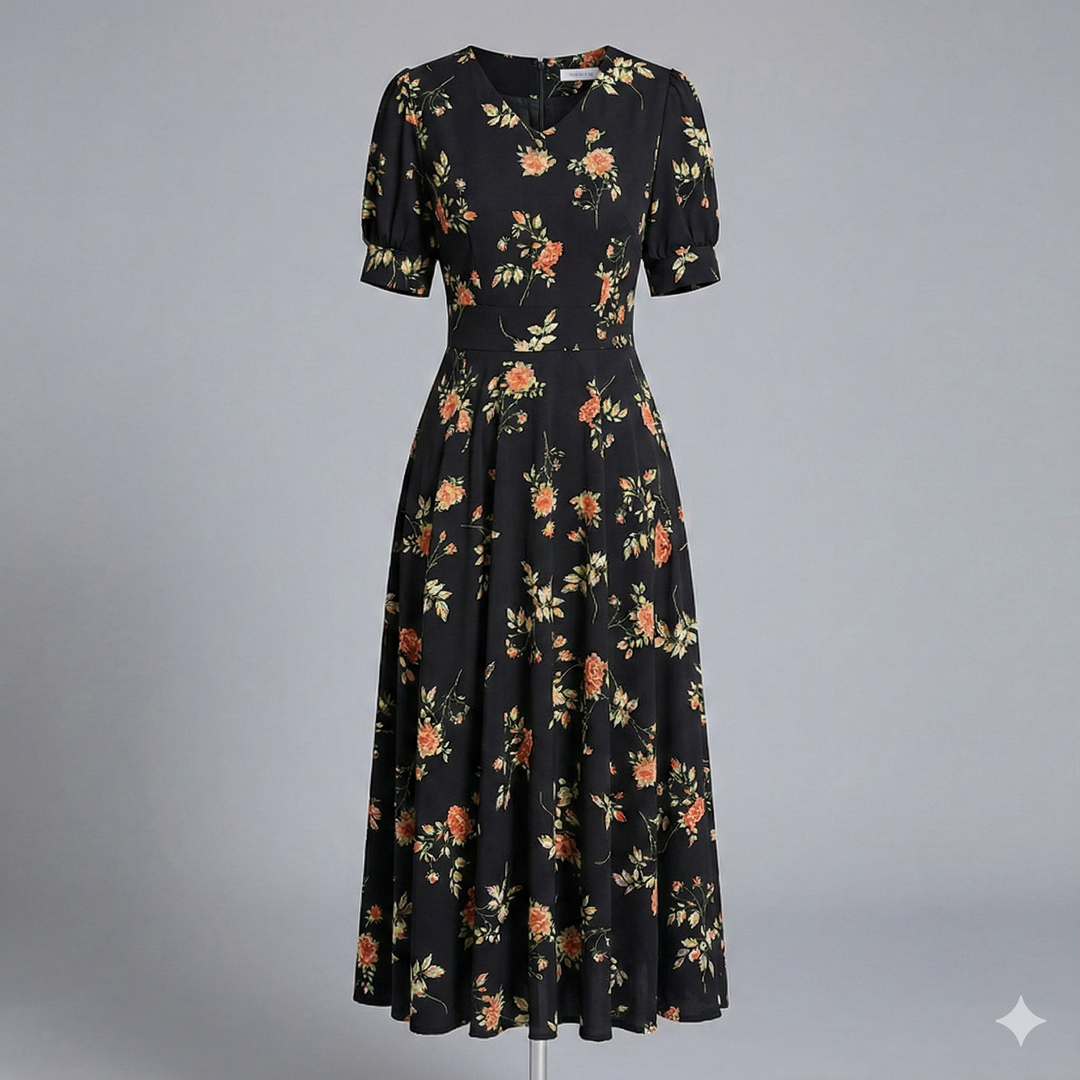 Stunning black floral V-neck midi dress for women, an elegant choice for wedding guests and summer evening parties.