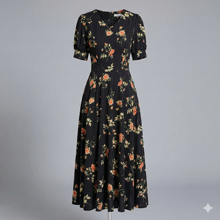 Stunning black floral V-neck midi dress for women, an elegant choice for wedding guests and summer evening parties.