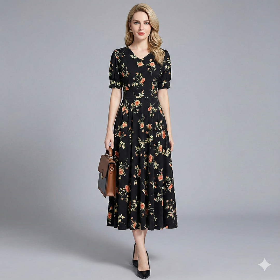 Elegant women's V-neck floral midi dress, a chic black wedding guest outfit perfect for special summer occasions.