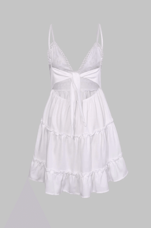 White V-neck mini dress for women, ideal for summer beachwear or casual outings, with a sleeveless ruffle design.