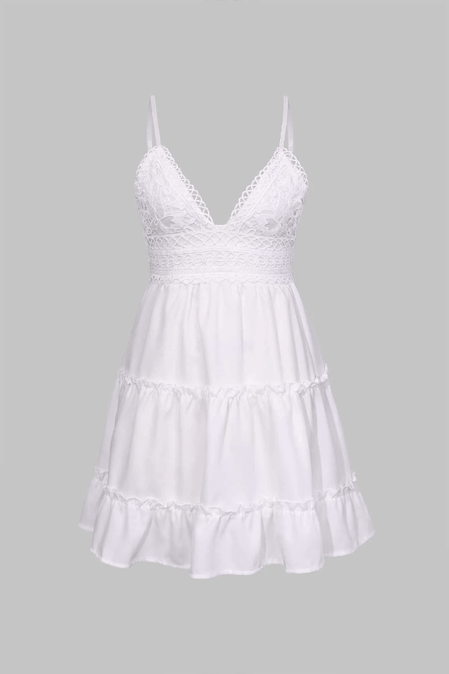 Elegant white mini dress for women, featuring a flattering V-neck and playful ruffles, perfect for summer casual or party.