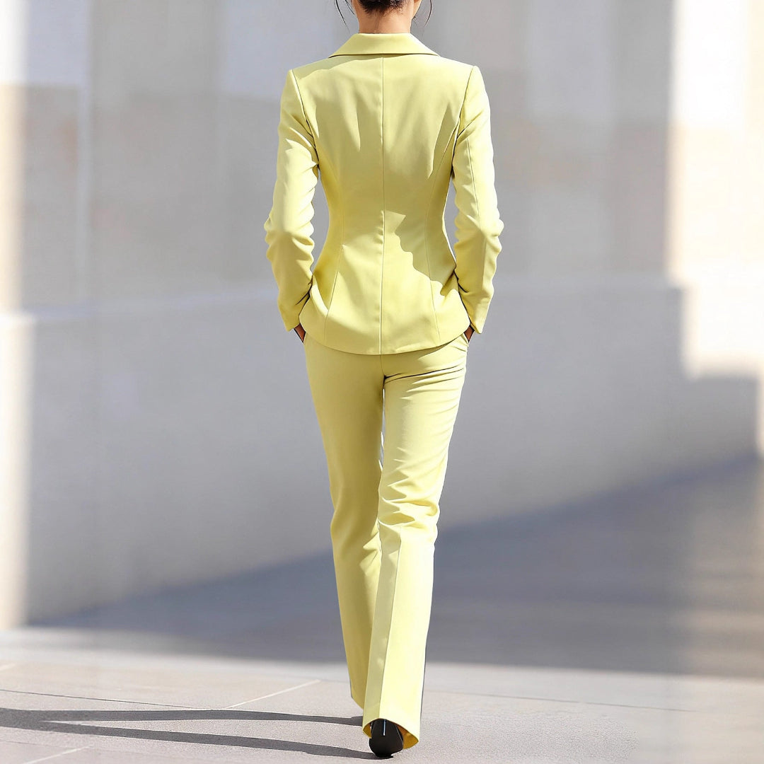 Elegant women's yellow co-ord set with tailored blazer & trousers, perfect for sophisticated office and formal wear.