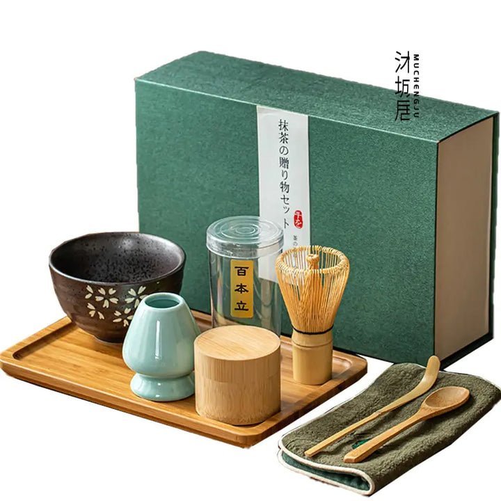 Beautiful ceramic Chawan (matcha bowl) and bamboo Chasen (whisk) from a traditional tea set.
