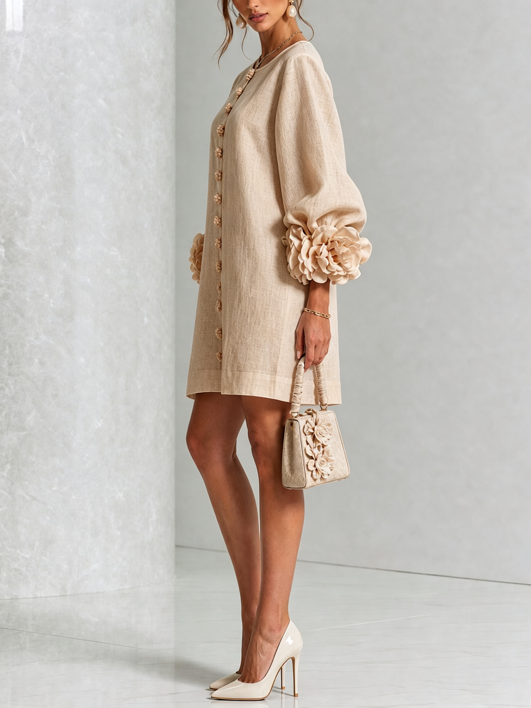 Stylish women's mini dress, puff sleeves, shift design, button front, for versatile fashion.