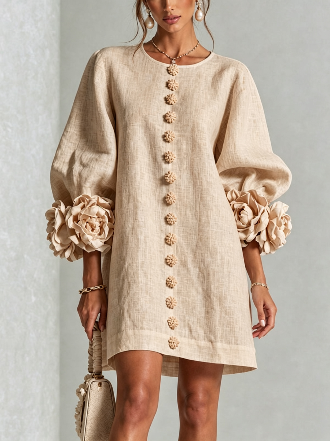 Women's relaxed fit mini shift dress with puff sleeves, perfect for casual summer days.