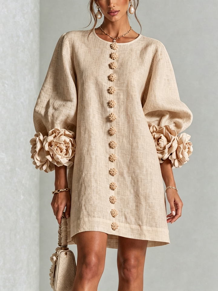 Women's relaxed fit mini shift dress with puff sleeves, perfect for casual summer days.