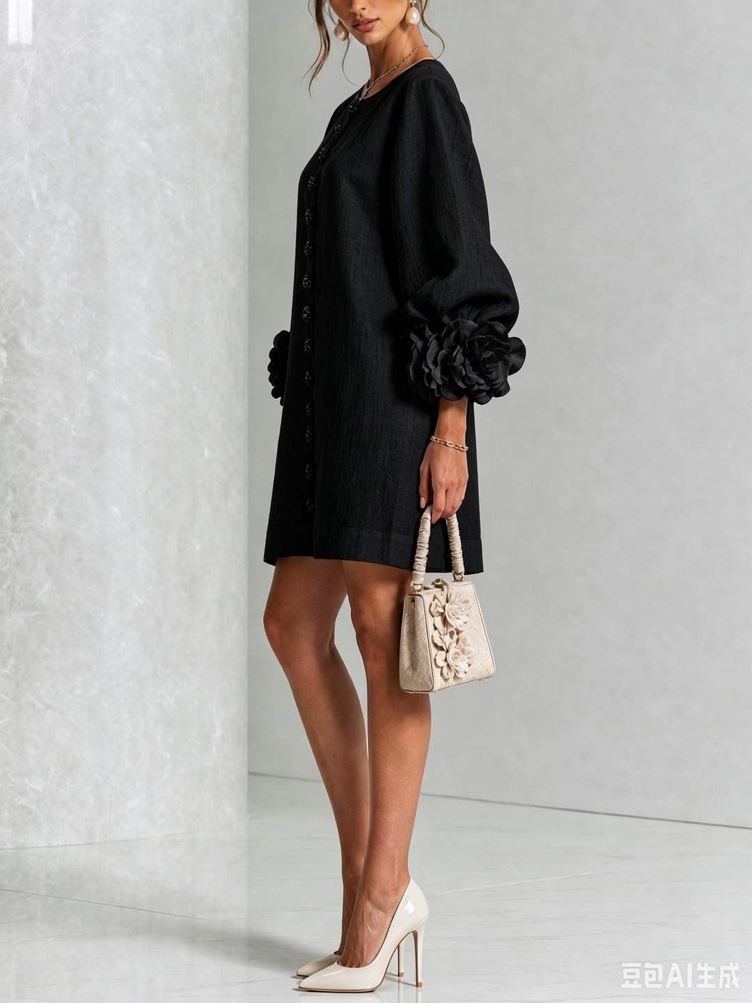 Chic women's mini shift dress, puff sleeves, button front detail, perfect casual wear.