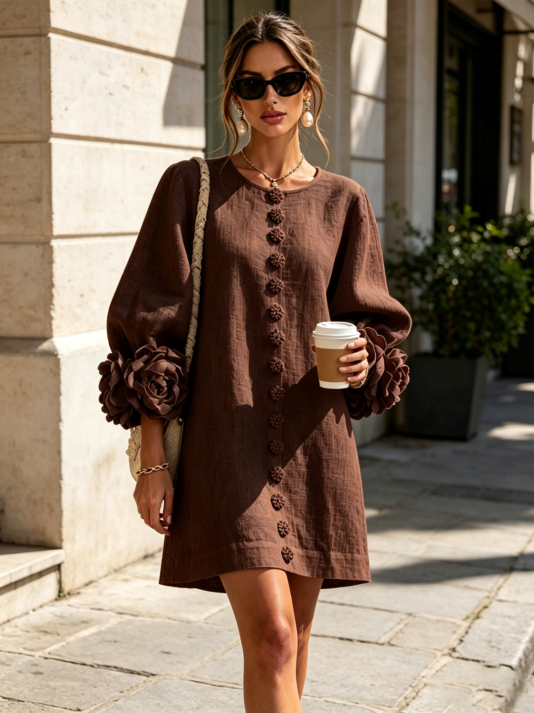 Women's day dress, puff sleeve mini shift, relaxed fit, chic for effortless style.