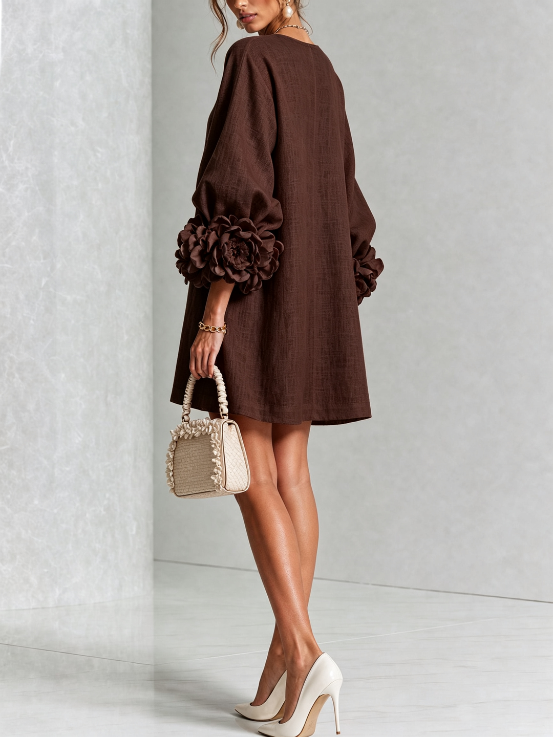 Summer style women's puff sleeve mini shift dress, button front, casual & comfortable.