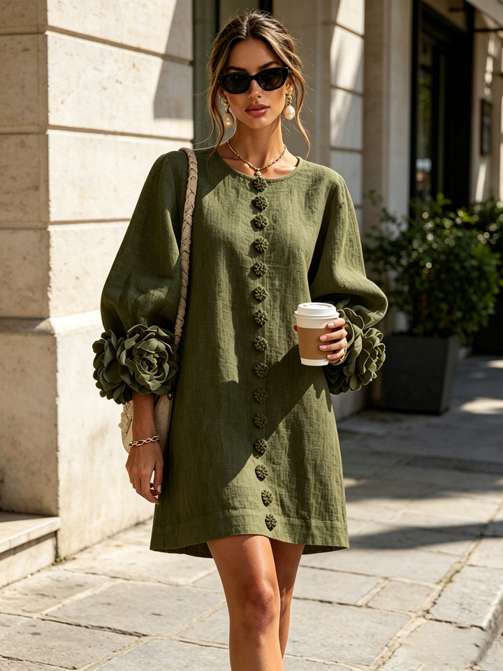 Women's casual mini dress, puff sleeves, shift style, button front for effortless wear.
