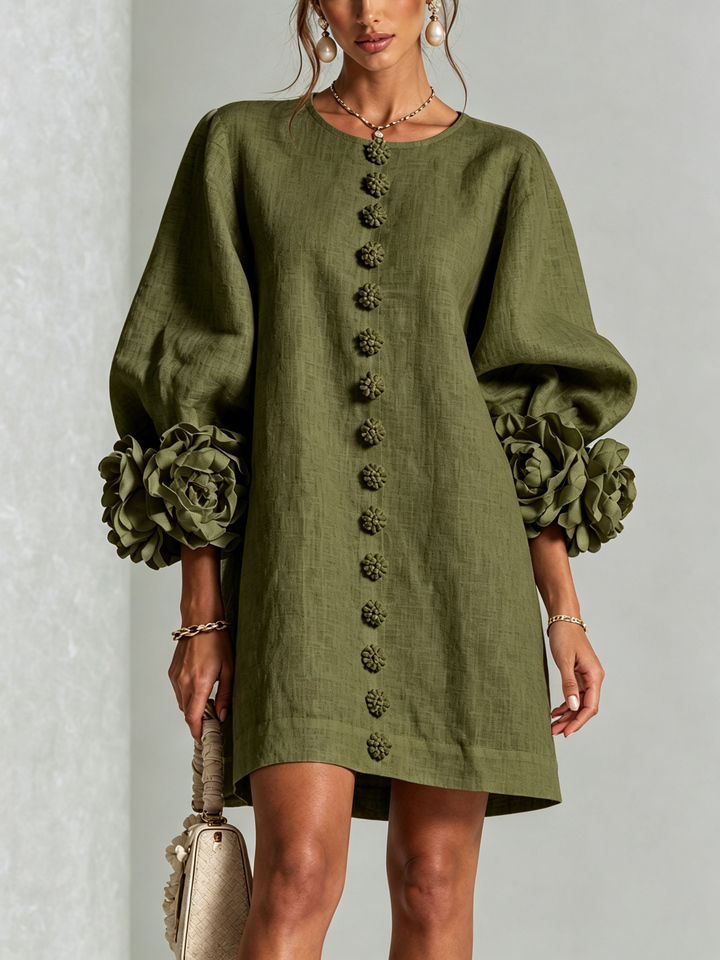 Versatile women's mini shift dress, puff sleeves, button details, effortless style.