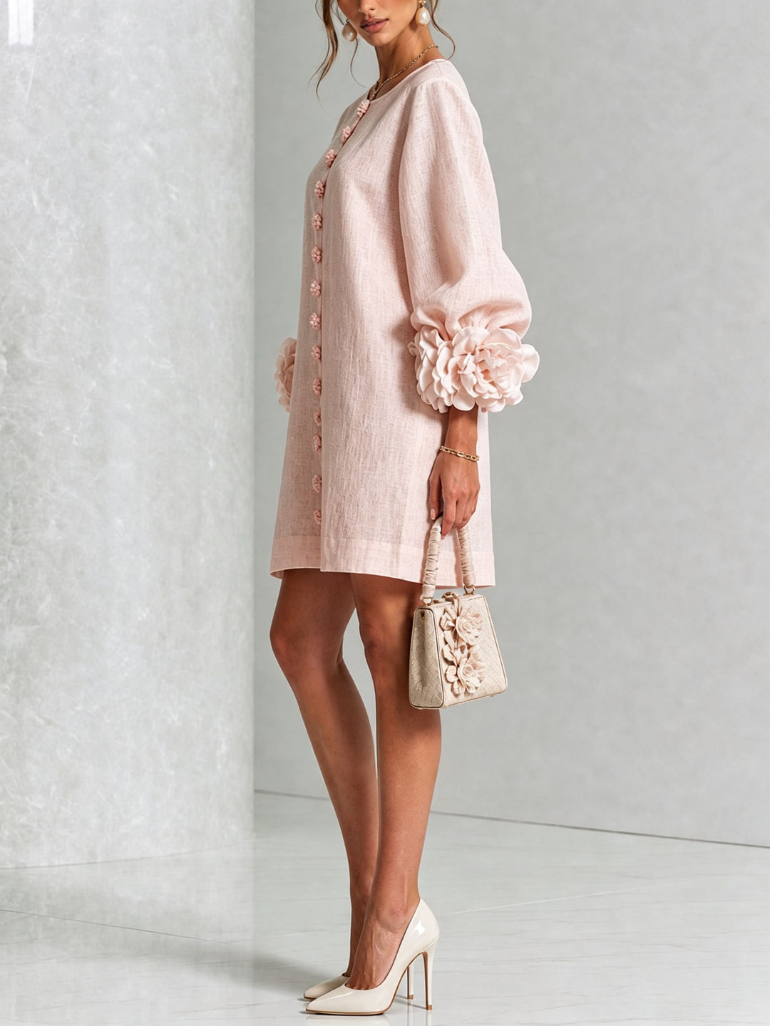 Versatile women's mini dress, puff sleeves, shift style, button details, effortless chic.