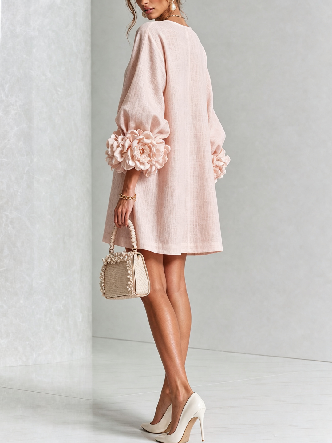 Women's summer puff sleeve mini shift dress, relaxed fit, button front, casual elegance.