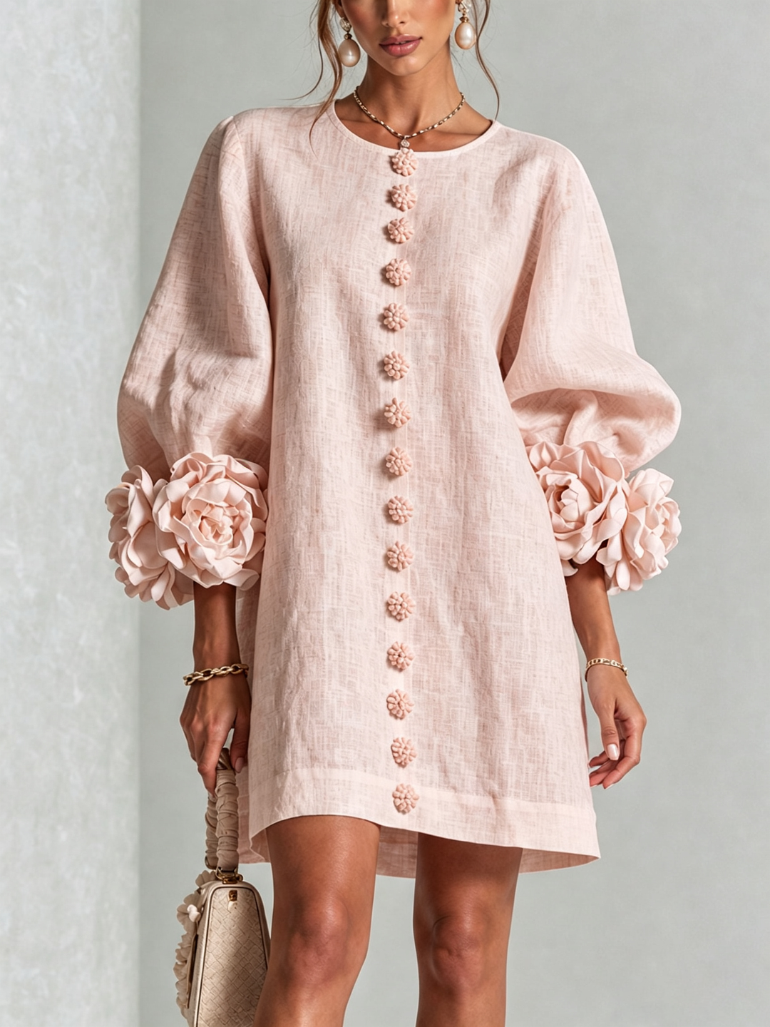 Women's puff sleeve mini dress, shift silhouette, relaxed fit, stylish & comfy.
