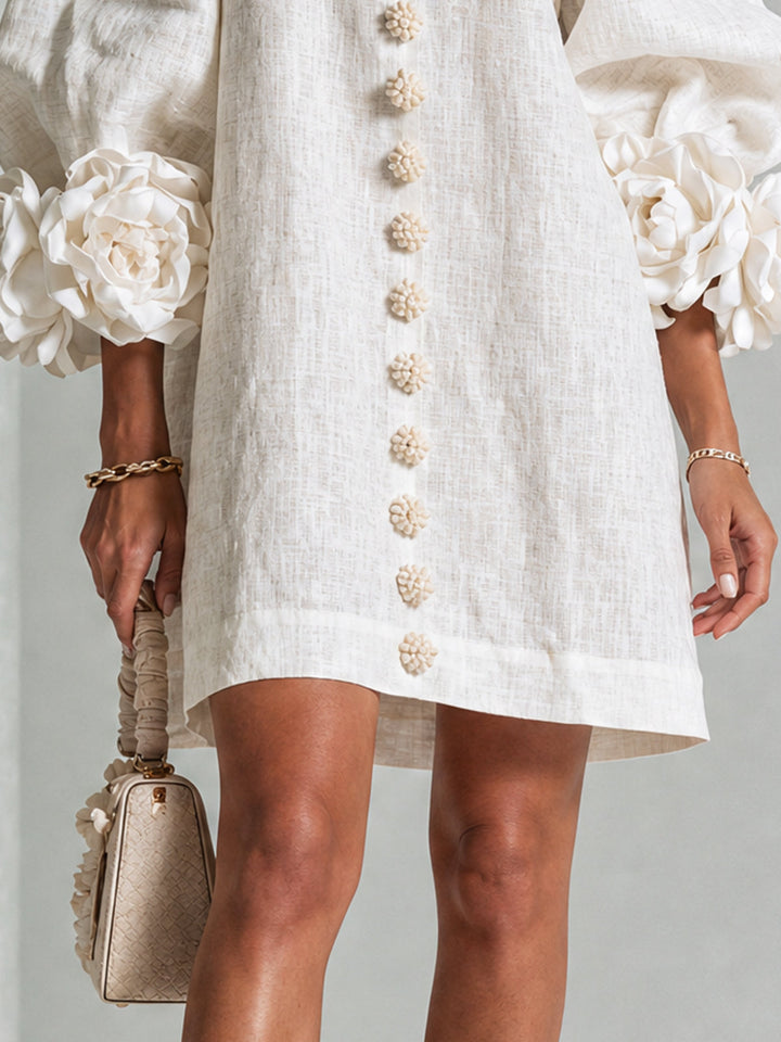 Summer style women's mini dress, puff sleeves, shift silhouette, relaxed & chic.