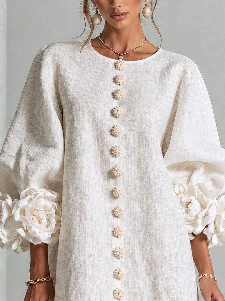 Stylish women's puff sleeve mini shift dress, button front, chic for any day.
