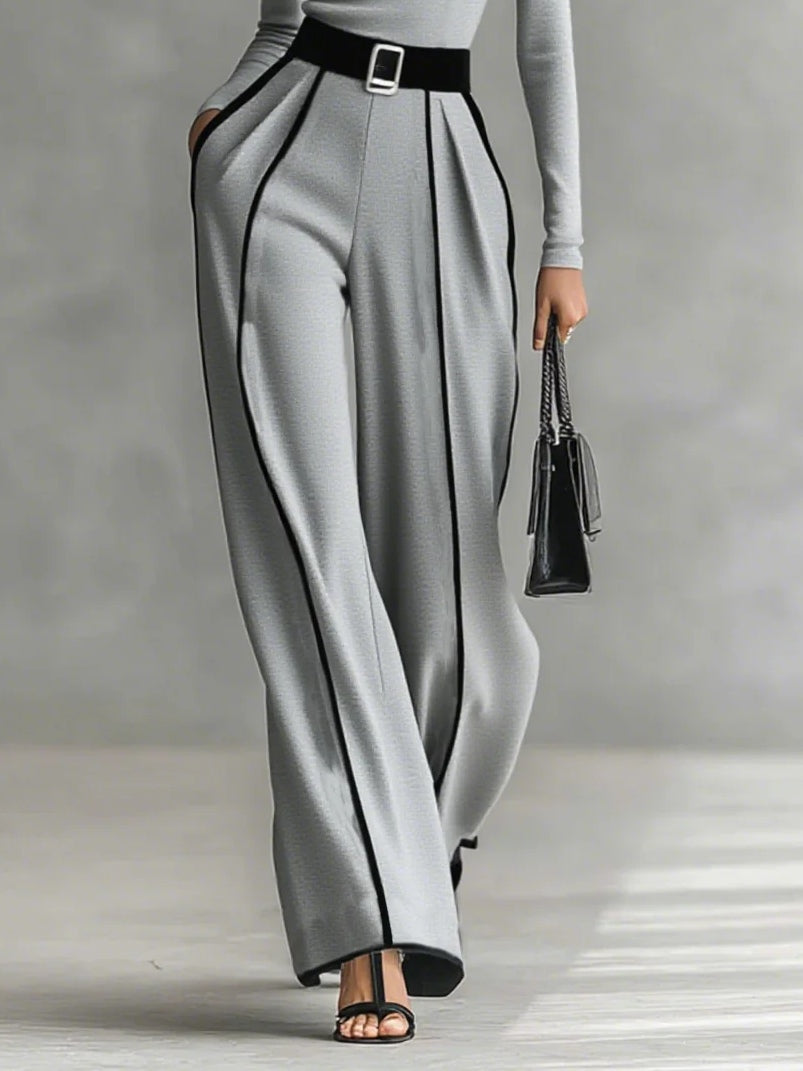 High-Neck Top & Wide-Leg Pants Set with Belt