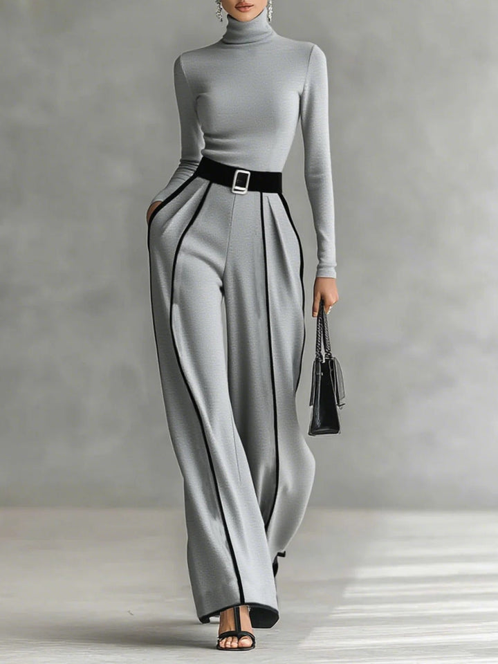 High-Neck Top & Wide-Leg Pants Set with Belt