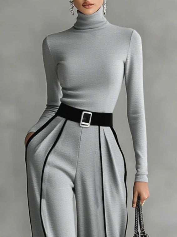 High-Neck Top & Wide-Leg Pants Set with Belt